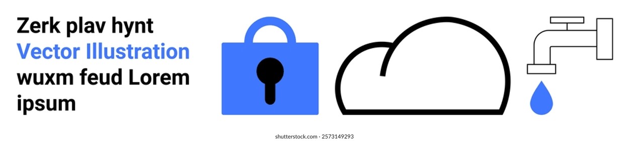 Lock, cloud, and water tap with a droplet symbolize security, cloud storage, and data flow. Ideal for themes of data protection, cybersecurity, online storage, cloud computing, and internet services