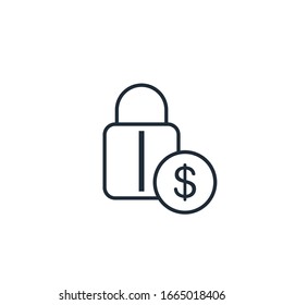  Lock, coin. Open the lock with a coin. Vector linear icon isolated on white background.