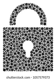 Lock collage of filled circles in various sizes and color tints. Circle elements are organized into lock vector composition. Vector design concept.