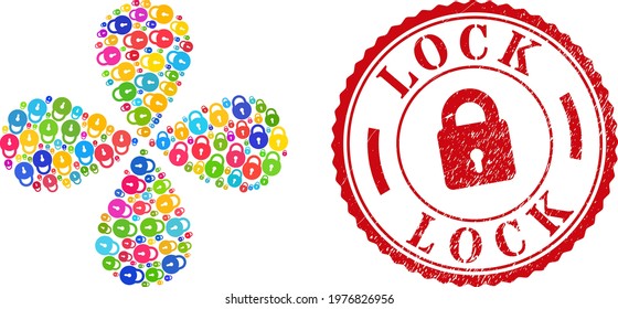 Lock colorful centrifugal abstract flower, and red round LOCK unclean stamp print. Lock symbol inside round stamp print. Object burst created from scattered lock symbols.