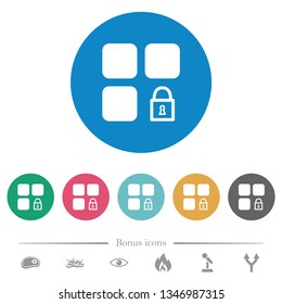Lock component flat white icons on round color backgrounds. 6 bonus icons included.