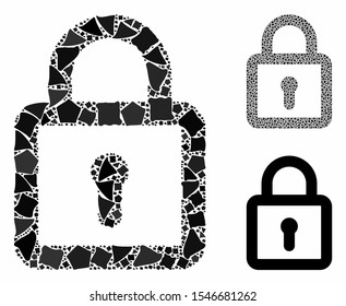 Lock composition of joggly parts in various sizes and color tones, based on lock icon. Vector bumpy parts are organized into composition. Lock icons collage with dotted pattern.