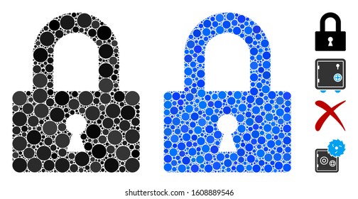 Lock composition of small circles in various sizes and shades, based on lock icon. Vector random circles are organized into blue collage. Dotted lock icon in usual and blue versions.