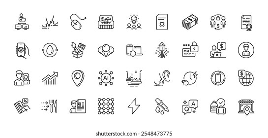 Lock, Computer mouse and Charging time line icons pack. AI, Question and Answer, Map pin icons. App settings, Delete file, Talk web icon. Vector
