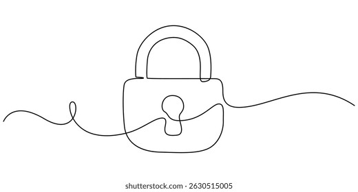 Bloquear desenho contínuo de uma linha de design vetor contorno isolado fundo preto e branco, desenho contínuo de uma linha de cadeado de metal. Ilustração de vetor de símbolo de segurança de cadeado.