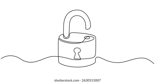 Lock continuous one line drawing of Isolated outline vector design black and white background, Continuous one line drawing of metal padlock. Padlock security sign symbol vector illustration.