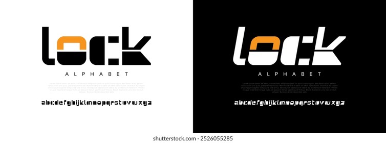 Bloquear la fuente de alfabeto urbano geométrico moderno creativo. Digital abstracto futurista, juego, techno, robot, música, logotipo, deporte, tipografía de tecnología mínima. Ilustración vectorial numérica simple