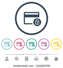 Lock credit card transactions flat color icons in round outlines. 6 bonus icons included.