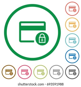 Lock credit card transactions flat color icons in round outlines on white background