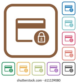 Lock credit card transactions simple icons in color rounded square frames on white background