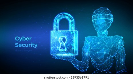 Lock. Cyber security. Abstract 3d low polygonal robot holding Padlock With Keyhole icon. Protect and Security or Safe concept. Cyber data security or information privacy idea. Vector Illustration.