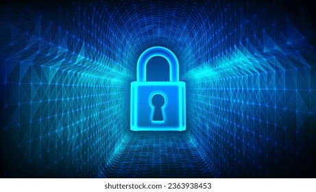 Bloquear. Ciberseguridad. Padlock con icono de agujero de teclas. Concepto Proteger y Seguridad o Seguro. Ilustra la seguridad de los datos cibernéticos o la idea de privacidad de la información. Túnel virtual del ciberespacio. Ilustración vectorial.