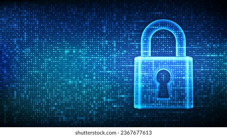 Lock. Cyber security. Padlock with keyhole icon made with binary code. Protect and Security or Safe concept. Information privacy. Digital code matrix background with digits 1.0. Vector Illustration.