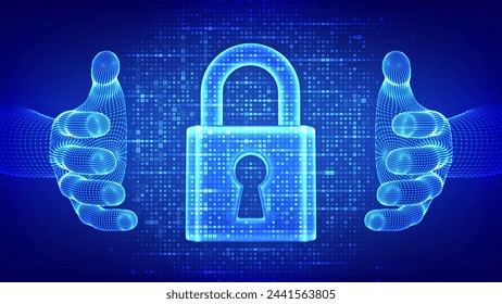 Lock. Cyber security. Padlock with keyhole icon made with binary code in wireframe hands. Protect and Security or Safe concept. Information privacy. Digital code background with digits 1.0. Vector.
