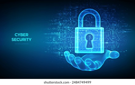 Lock. Cyber security. Padlock with keyhole icon made with binary code in wireframe hand. Protect and Security or Safe concept. Information privacy. Digital code background with digits 1.0. Vector.