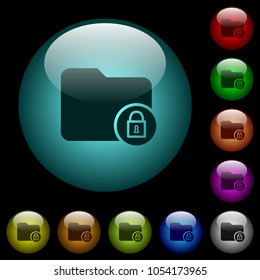 Lock directory icons in color illuminated spherical glass buttons on black background. Can be used to black or dark templates