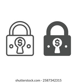 Lock with dollar in keyhole line and solid icon, global sanctions concept. Vector graphics. Locked currency exchange sign on white background, outline style icon for mobile or web design