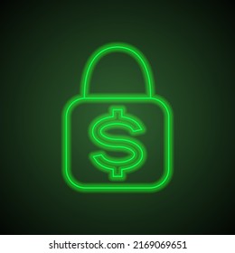 Lock, dollar simple icon vector. Flat design. Green neon on black background with green light.ai