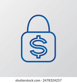 Lock, dollar simple icon vector. Flat design. Paper cut design. Cutted blue symbol with shadow. Gray background.ai