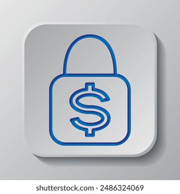 Lock, dollar simple icon vector. Flat design. Paper cut design. Cutted blue symbol with shadow. Gray badge button, gray background.ai