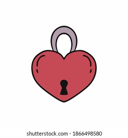 Lock for door in the shape of a red heart. Keyhole and lock. Vector sticker for Valentine's day or wedding.