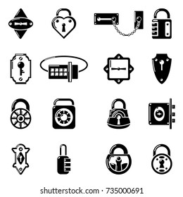 Lock door types icons set. Simple illustration of 16 lock door types vector icons for web