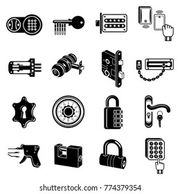 Lock door types icons set. Simple illustration of 16 lock door types vector icons for web