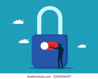 Lock down business access. Businessman turning off the switch to lock the padlock