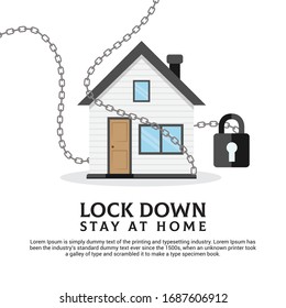 Lock Down ist ein Coronavirus-Illustrationskonzept mit, Kette, Haus und Schloss. Coronavirus 2019-ncov-Hintergrund-Tamplate
