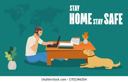 Lock Down, man working from home. Working at home office during COVID19 Corona lock down. Man on home clothes busy with work during virus quarantine.