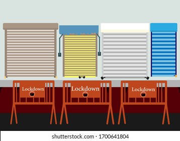 lock down, shop shutter down . Corona-virus pandemic puts countries on lock-down with isolated, city market background vector illustration sign Covid-19 Corona virus outbreak 