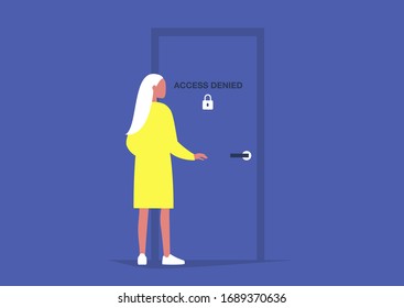 Lock down, stay at home, young female character standing next to a locked door, self isolation