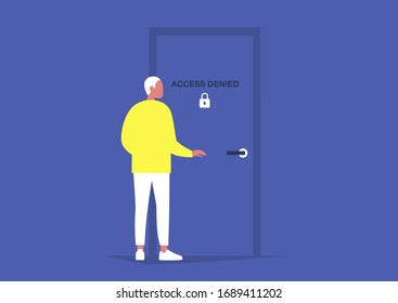 Lock down, stay at home, young male character standing next to a locked door, self isolation