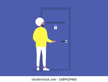 Lock down, stay at home, young indian male character standing next to a locked door, self isolation