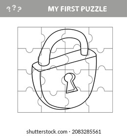Lock. Education paper game for preshool children. Vector illustration. Jigsaw puzzle. My first puzzle and coloring book