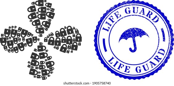 Lock explosion flower shape, and blue round LIFE GUARD scratched watermark with icon inside. Object centrifugal explosion organized from oriented lock items. Vector flower collage in flat style.