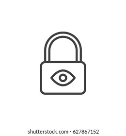 Lock with eye line icon, outline vector sign, linear style pictogram isolated on white. Privacy protection symbol, logo illustration. Editable stroke. Pixel perfect