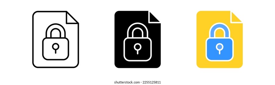 Bloquear con el icono de línea de archivo. Protección contra hackeos, desbloqueo, usuario, datos personales, código pin, antivirus, contraseña, seguridad, privado. Icono de vector en línea, estilo negro y colorido sobre fondo blanco
