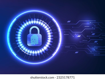 Lock with a fingerprint scanner, a glowing technology circle, and a circuit element. Discover the concept of data protection, emphasizing cyber security and data privacy.