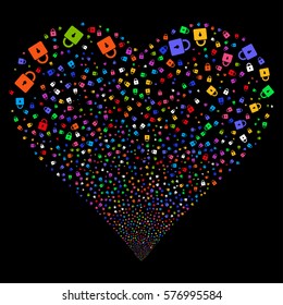 Lock fireworks with heart shape. Vector illustration style is flat bright multicolored iconic symbols on a black background. Object valentine heart made from confetti icons.