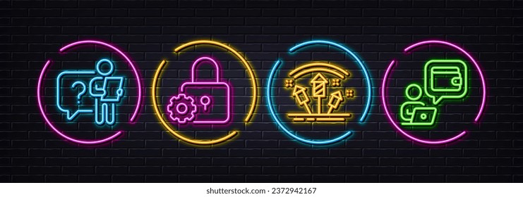 Lock, Fireworks rocket and Search employee minimal line icons. Neon laser 3d lights. Wallet icons. For web, application, printing. Padlock gear, Pyrotechnic salute, Questions for candidate. Vector