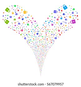 Lock fireworks stream. Vector illustration style is flat bright multicolored iconic symbols on a white background. Object double fountain constructed from random symbols.