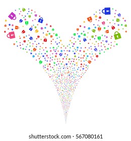 Lock fireworks stream. Vector illustration style is flat bright multicolored iconic symbols on a white background. Object double fountain organized from random design elements.