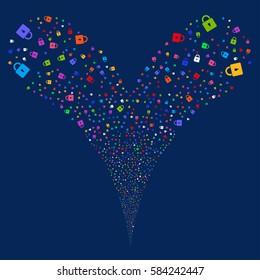 Lock fireworks stream. Vector illustration style is flat bright multicolored iconic symbols on a blue background. Object double fountain constructed from random pictographs.