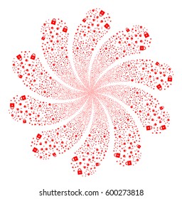 Lock fireworks swirl flower with ten petals. Vector illustration style is flat red scattered symbols. Object whirlpool done from random pictographs.