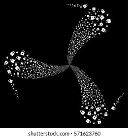 Lock fireworks swirl rotation. Vector illustration style is flat white iconic symbols on a black background. Object twirl organized from random design elements.