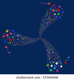 Lock fireworks swirl rotation. Vector illustration style is flat bright multicolored iconic symbols on a blue background. Object whirl done from random design elements.