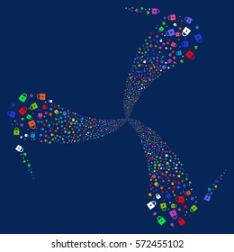 Lock fireworks swirl rotation. Vector illustration style is flat bright multicolored iconic symbols on a blue background. Object spiral combined from random pictograms.