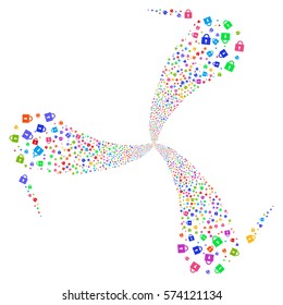 Lock fireworks swirl rotation. Vector illustration style is flat bright multicolored iconic symbols on a white background. Object spiral created from random pictograms.