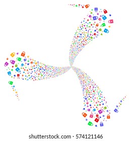 Lock fireworks swirl rotation. Vector illustration style is flat bright multicolored iconic symbols on a white background. Object whirlpool combined from random pictographs.